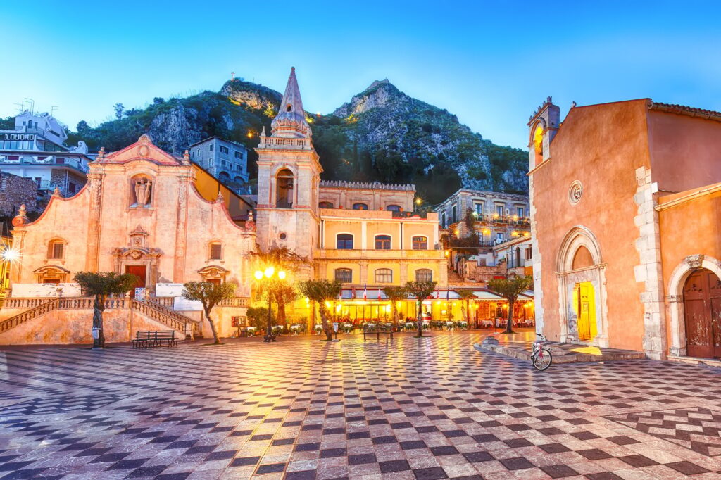 Belvedere of Taormina and San Giuseppe church on the square Piazza IX Aprile in Taormina