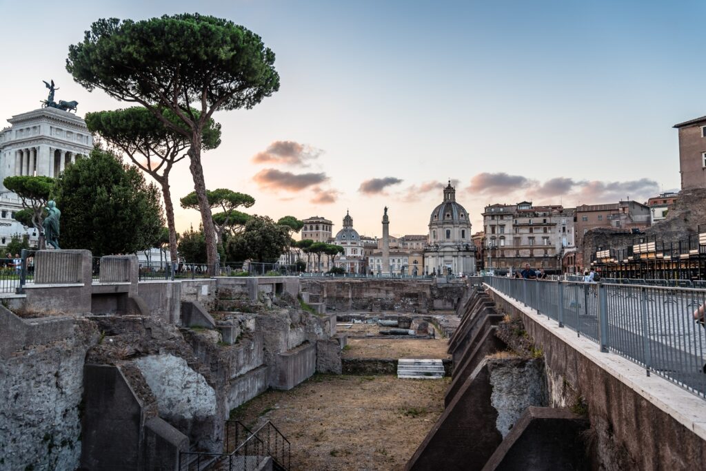 Forum of Trajan in the centre of Rome at sunset, Italy.