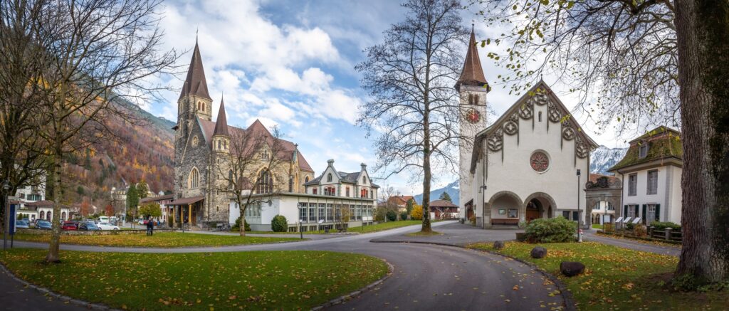 Panoramic view of Interlaken Castle Church and St Joseph Church - Interlaken, Switzerland