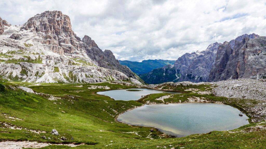 Small lakes in mountains. Nature, outdoors, mountainscape, cloudy. Tre Cime di Lavaredo, Italy.